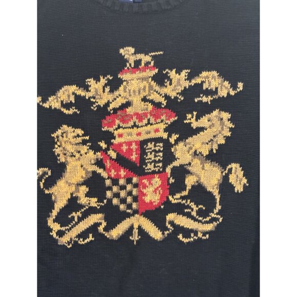 Chaps Mens XL Black Sweater Regal Lion Crest Embroidery 100% Cotton Coat of Arms - Picture 2 of 5